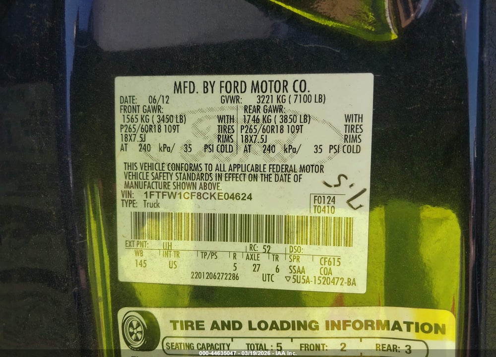 2012 FORD F-150 XLT VIN: 1FTFW1CF8CKE04624