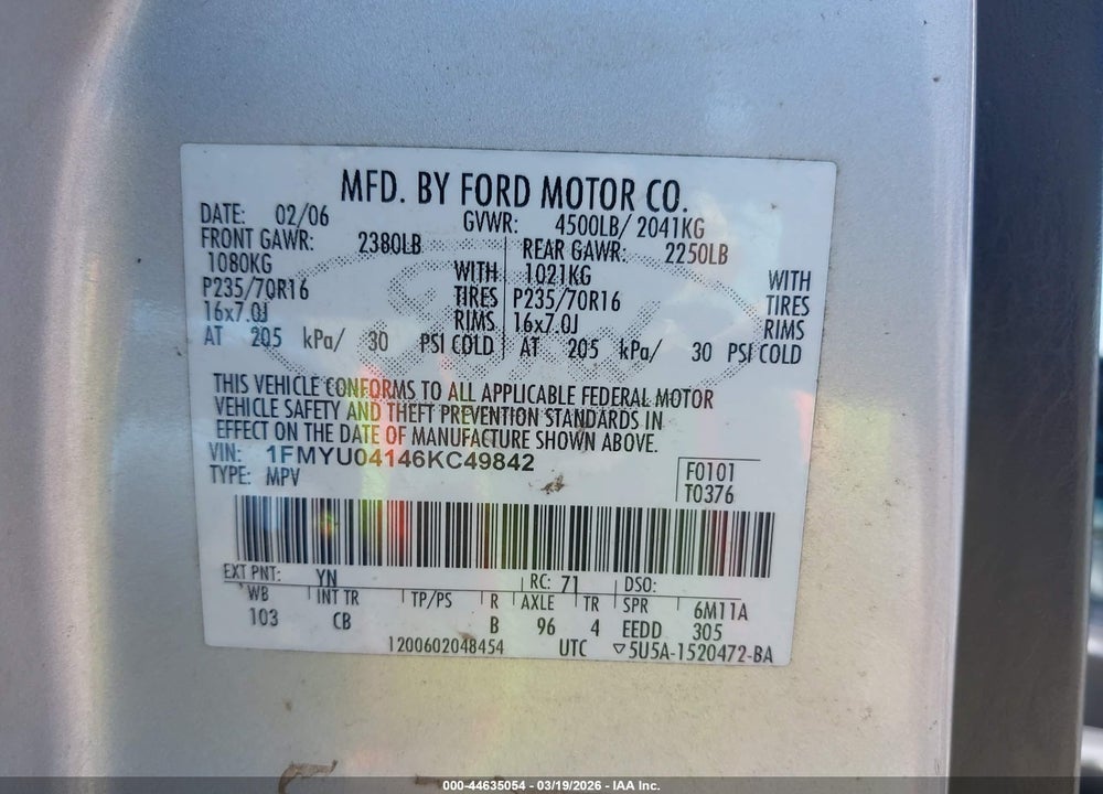 2006 FORD ESCAPE LIMITED VIN: 1FMYU04146KC49842