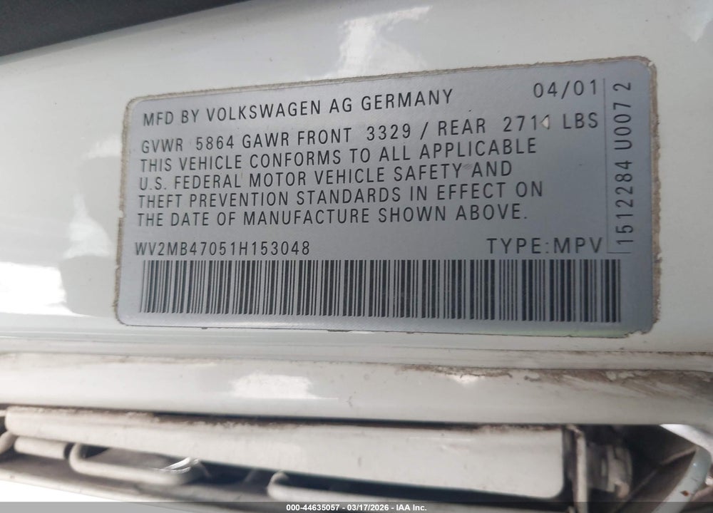2001 VOLKSWAGEN EUROVAN MV VIN: WV2MB47051H153048