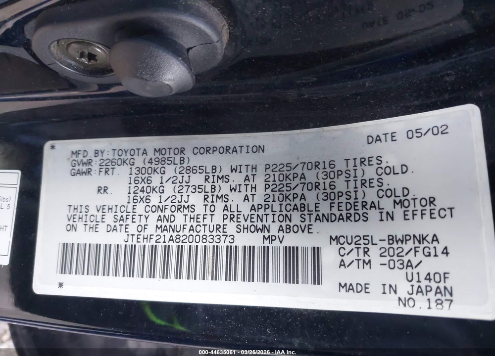 2002 TOYOTA HIGHLANDER V6 VIN: JTEHF21A820083373