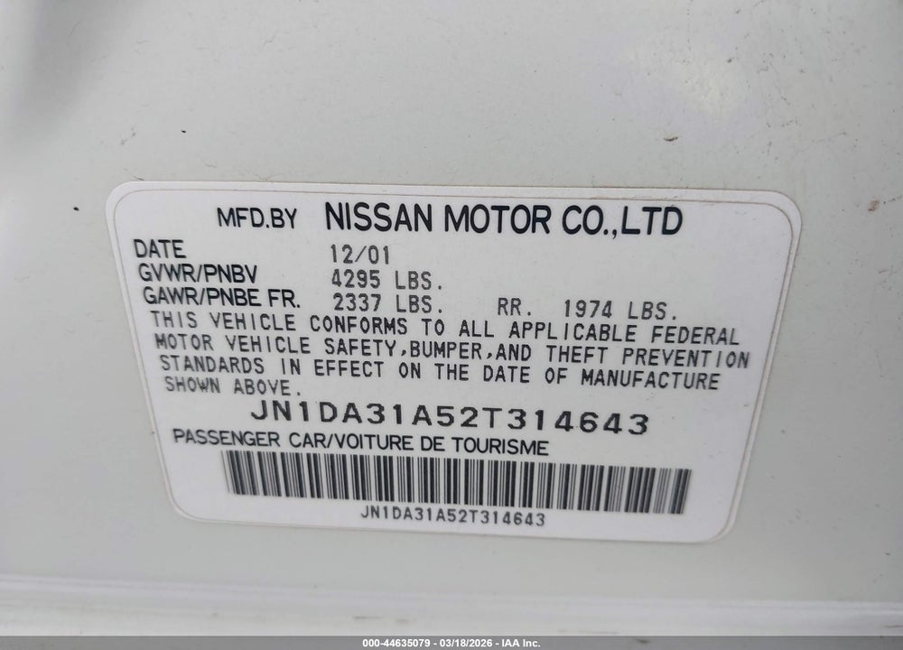 2002 NISSAN MAXIMA SE VIN: JN1DA31A52T314643