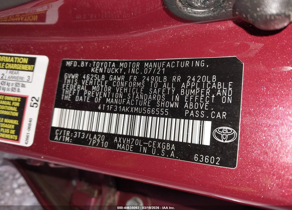 2021 TOYOTA CAMRY XLE HYBRID VIN: 4T1F31AKXMU566555