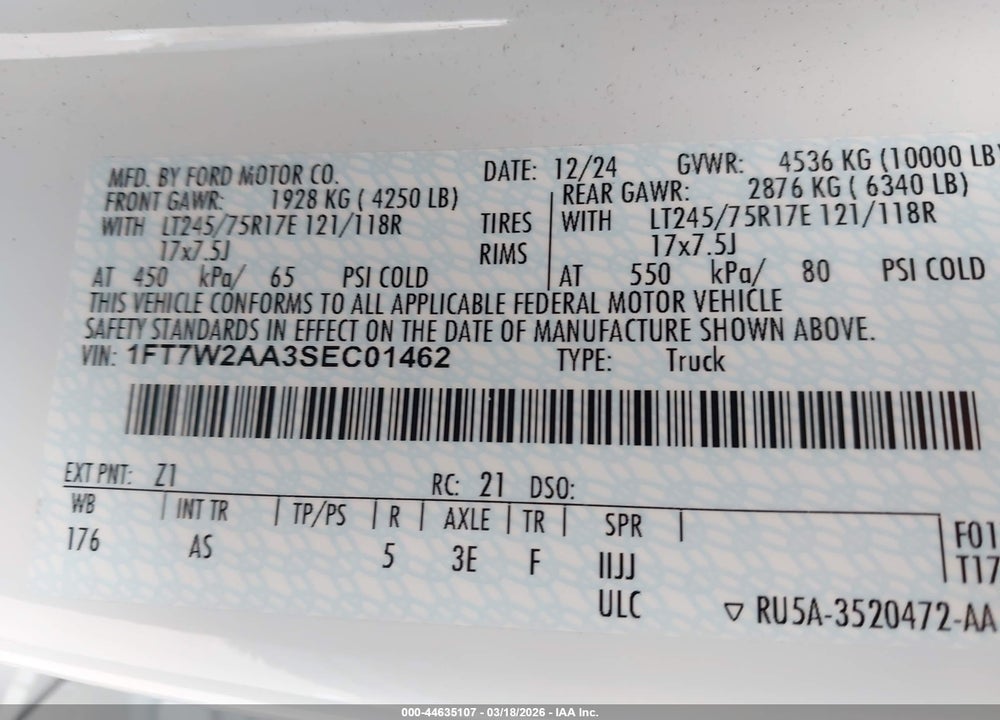 2025 FORD F-250 XL VIN: 1FT7W2AA3SEC01462