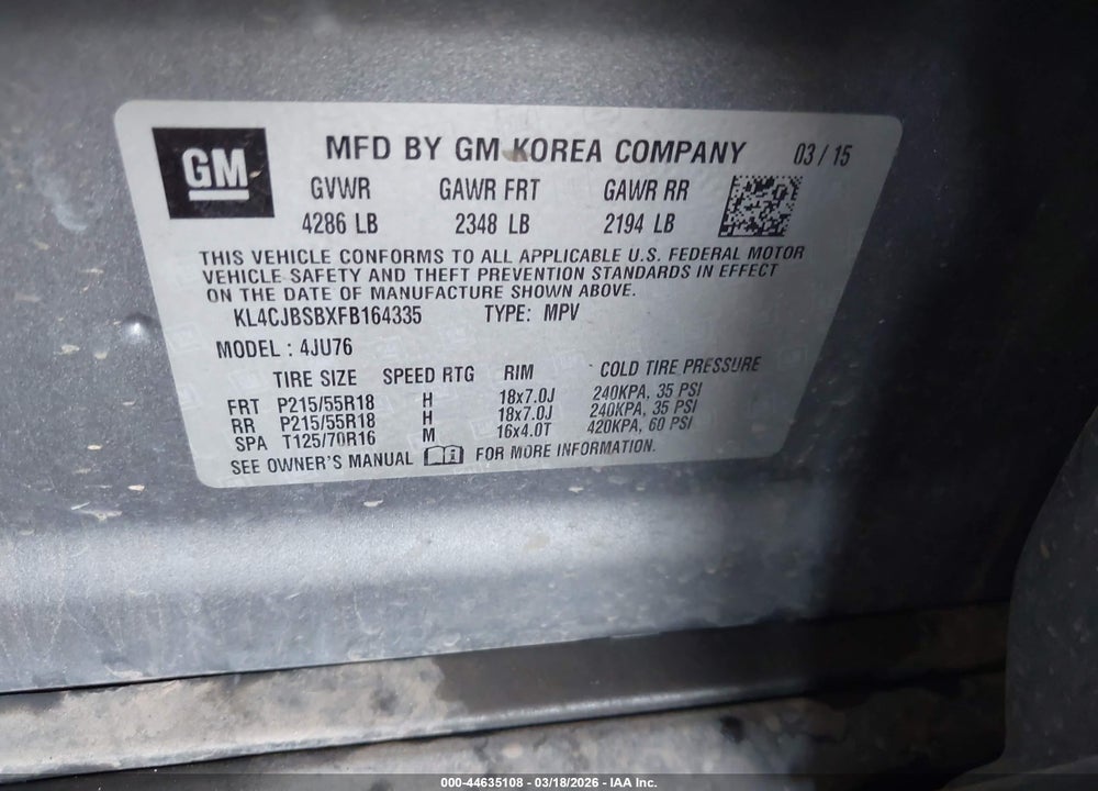 2015 BUICK ENCORE CONVENIENCE VIN: KL4CJBSBXFB164335