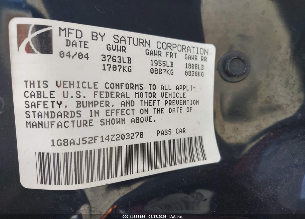2004 SATURN ION 2 VIN: 1G8AJ52F14Z203278