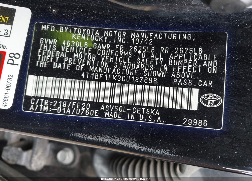 2012 TOYOTA CAMRY SE LIMITED EDITION VIN: 4T1BF1FK3CU187698