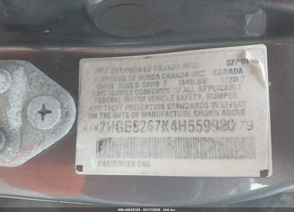 2004 HONDA CIVIC EX VIN: 2HGES267X4H559980