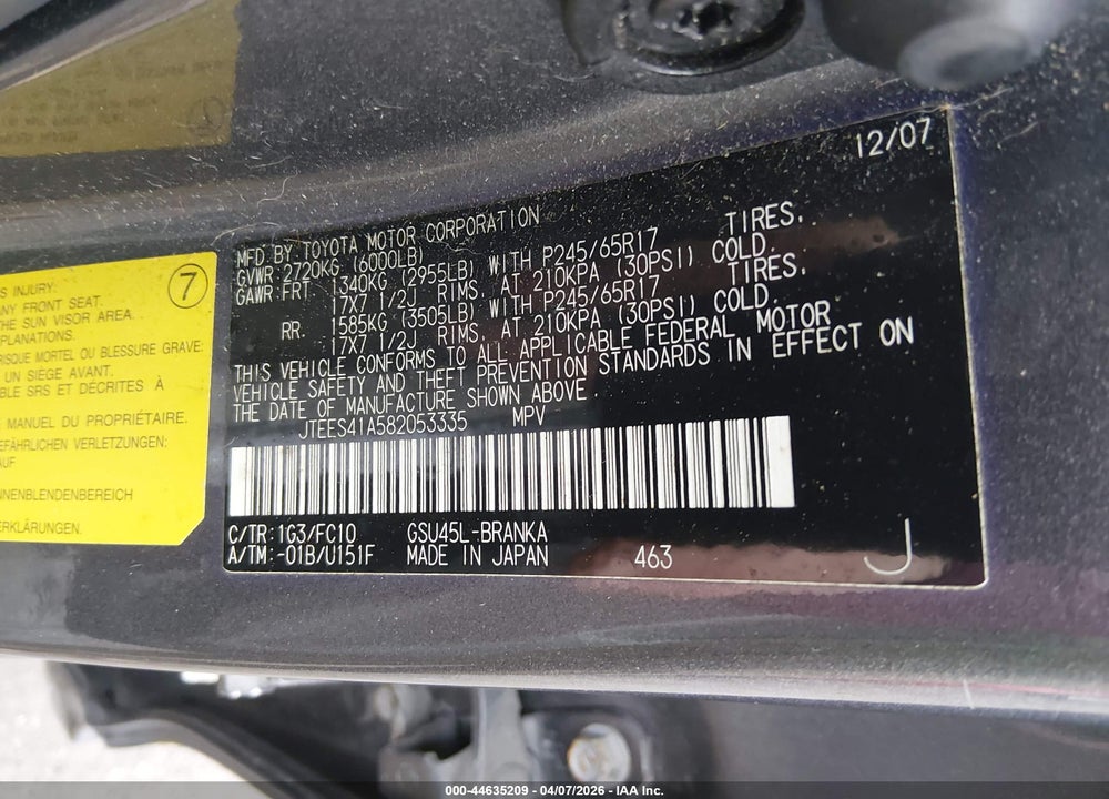 2008 TOYOTA HIGHLANDER VIN: JTEES41A582053335