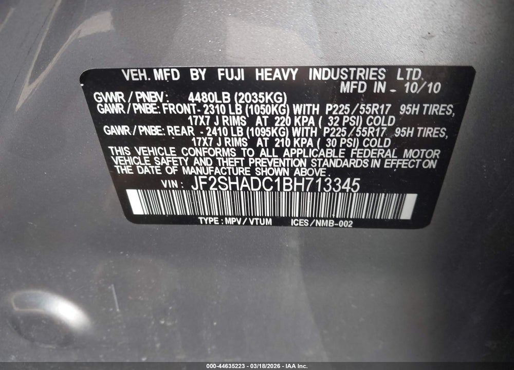 2011 SUBARU FORESTER 2.5X PREMIUM VIN: JF2SHADC1BH713345