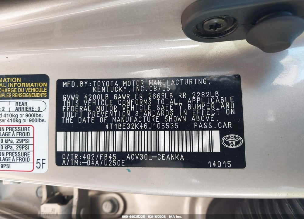 2006 TOYOTA CAMRY LE VIN: 4T1BE32K46U105535