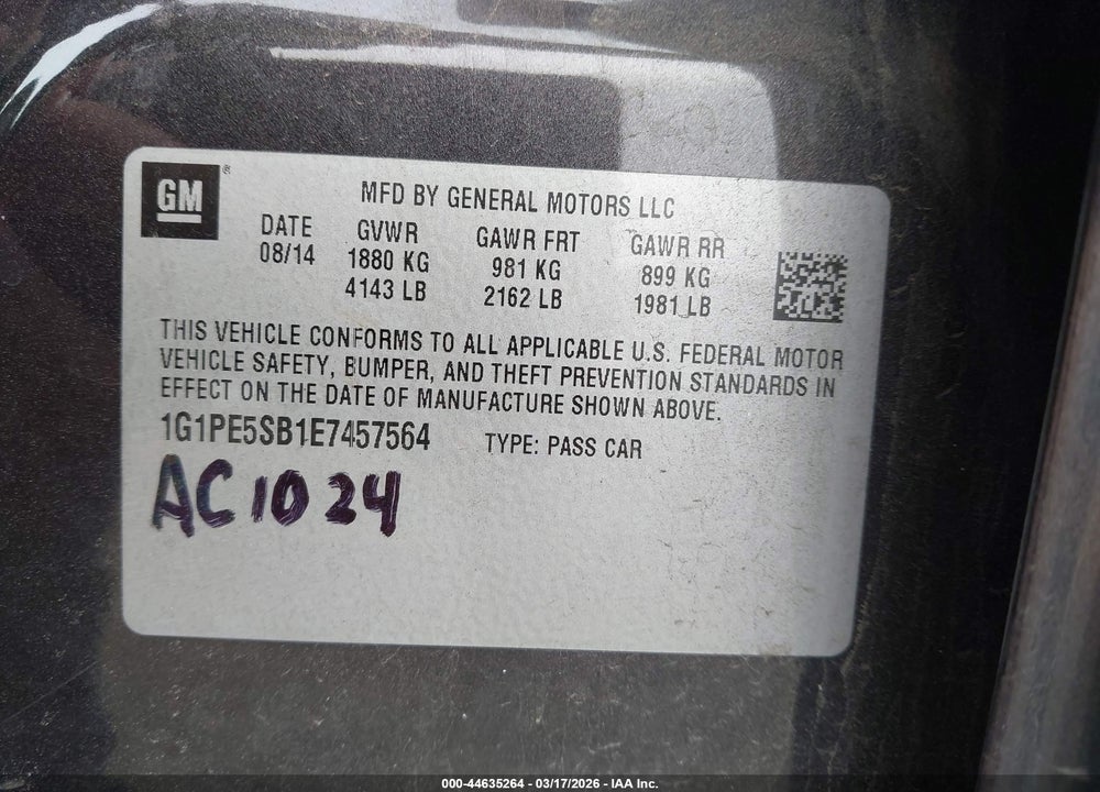 2014 CHEVROLET CRUZE 2LT AUTO VIN: 1G1PE5SB1E7457564