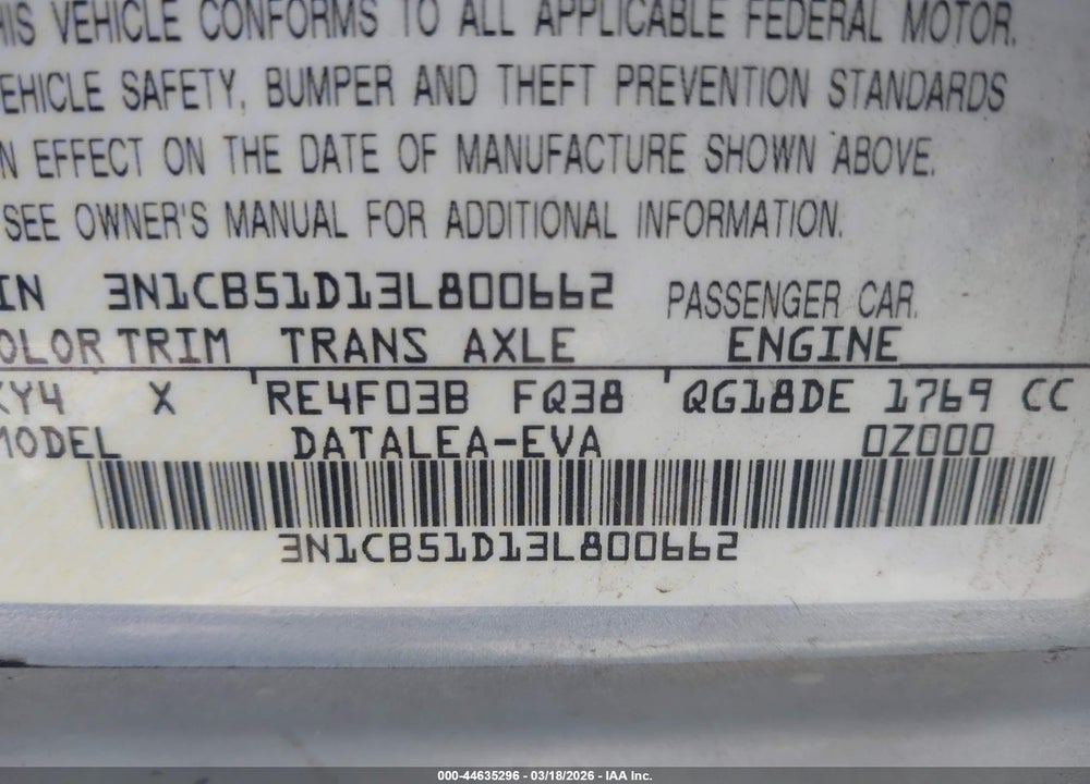 2003 NISSAN SENTRA GXE VIN: 3N1CB51D13L800662