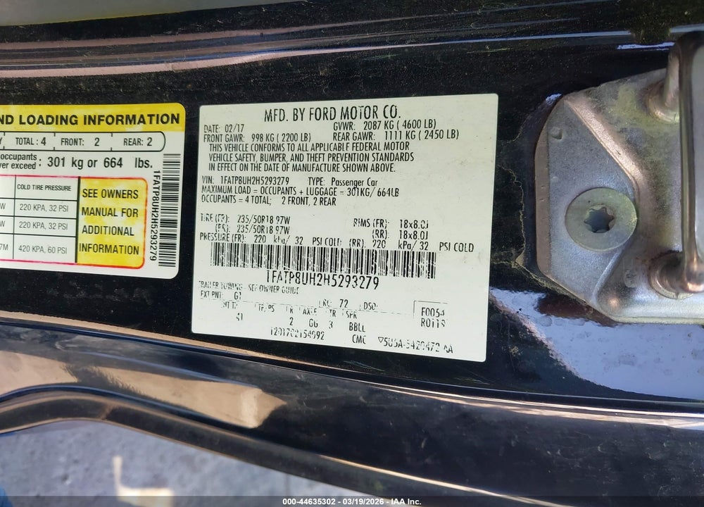 2017 FORD MUSTANG ECOBOOST PREMIUM VIN: 1FATP8UH2H5293279