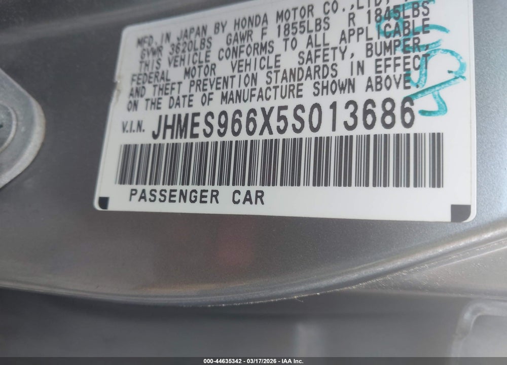 2005 HONDA CIVIC HYBRID VIN: JHMES966X5S013686