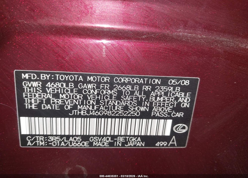 2008 LEXUS ES 350 VIN: JTHBJ46G982252250