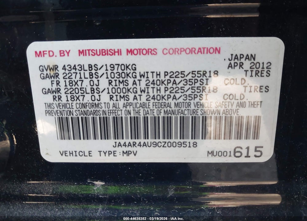 2012 MITSUBISHI OUTLANDER SPORT SE VIN: JA4AR4AU9CZ009518