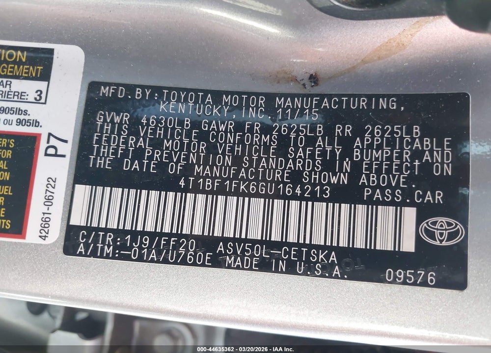 2016 TOYOTA CAMRY SE VIN: 4T1BF1FK6GU164213