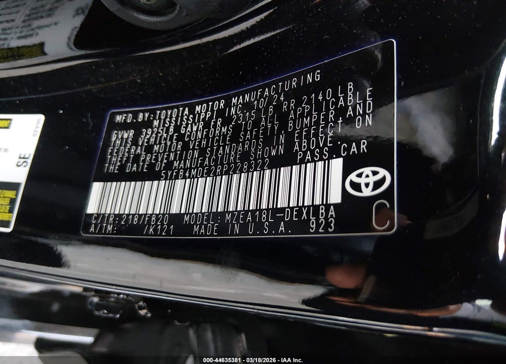 2024 TOYOTA COROLLA LE VIN: 5YFB4MDE2RP228322