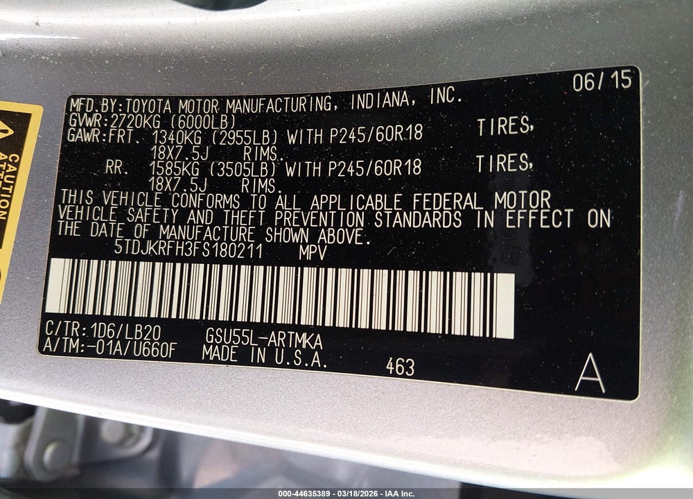 2015 TOYOTA HIGHLANDER XLE V6 VIN: 5TDJKRFH3FS180211
