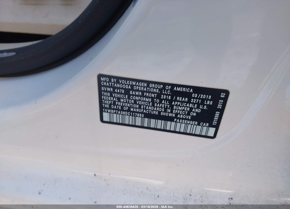 2013 VOLKSWAGEN PASSAT 2.5L SE VIN: 1VWBP7A36DC117850
