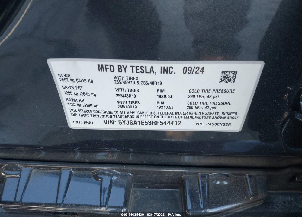 2024 TESLA MODEL S LONG RANGE VIN: 5YJSA1E53RF544412