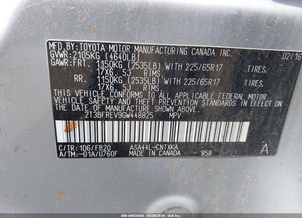 2016 TOYOTA RAV4 LE VIN: 2T3BFREV9GW448825