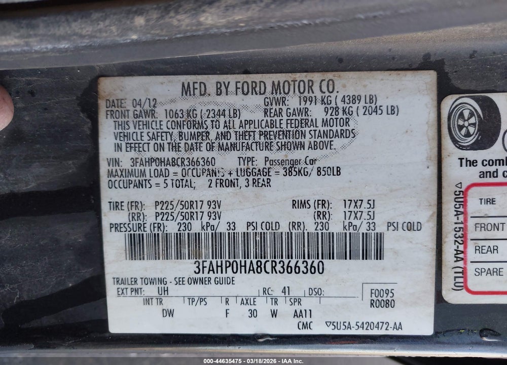 2012 FORD FUSION SE VIN: 3FAHP0HA8CR366360