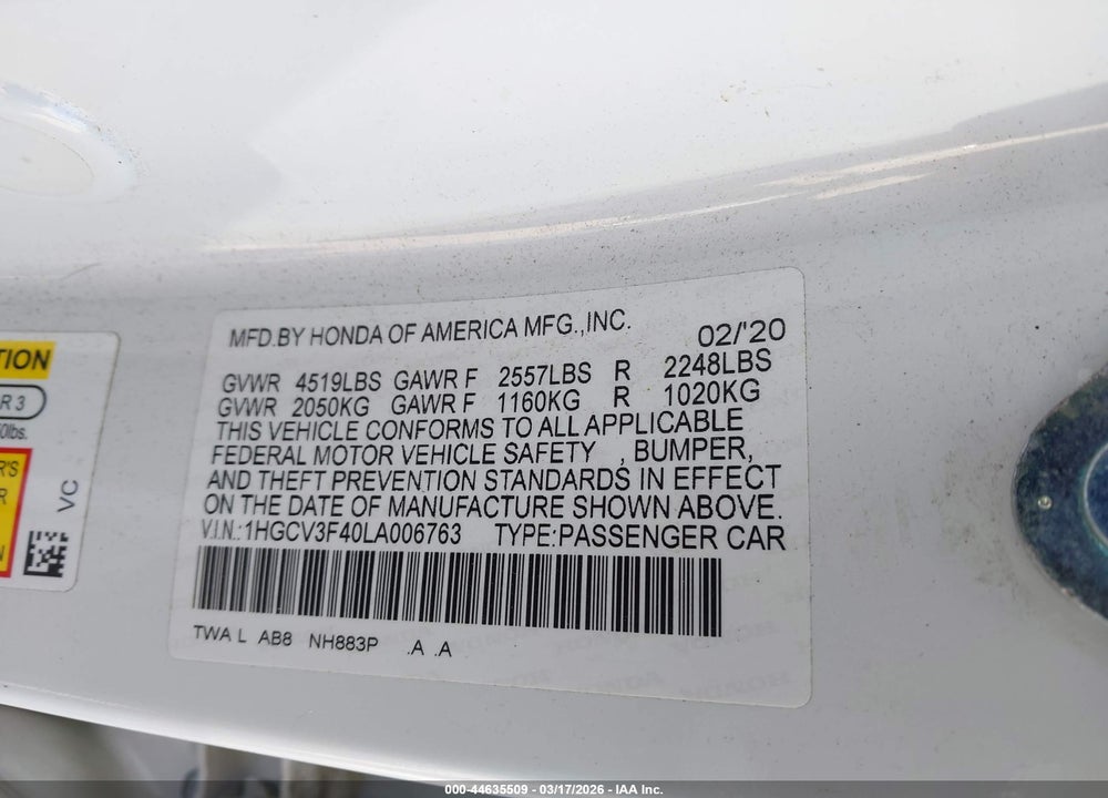 2020 HONDA ACCORD HYBRID EX VIN: 1HGCV3F40LA006763