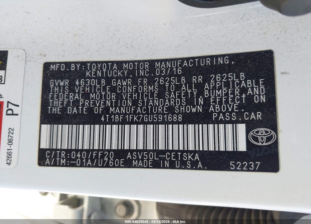 2016 TOYOTA CAMRY SE VIN: 4T1BF1FK7GU591688