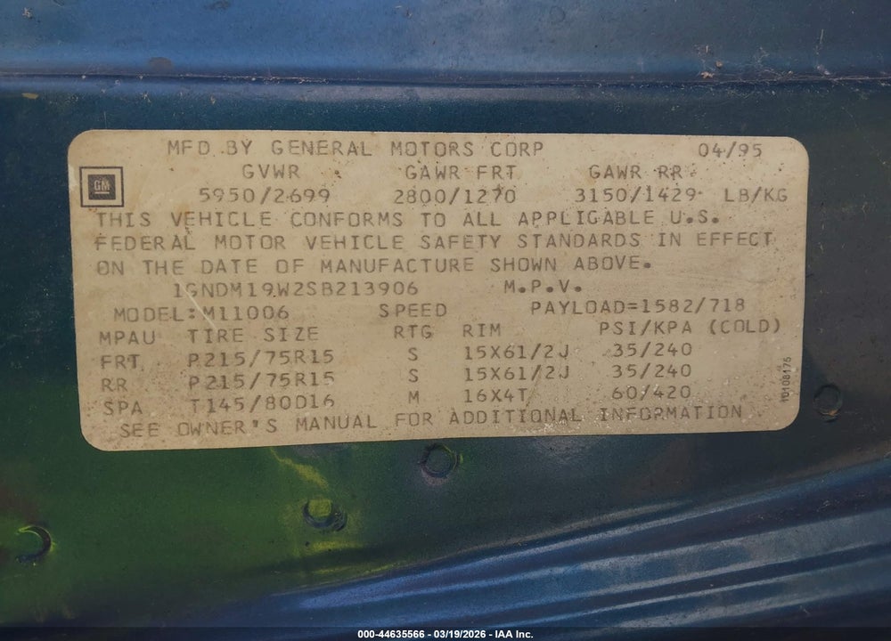 1995 CHEVROLET ASTRO VIN: 1GNDM19W2SB213906