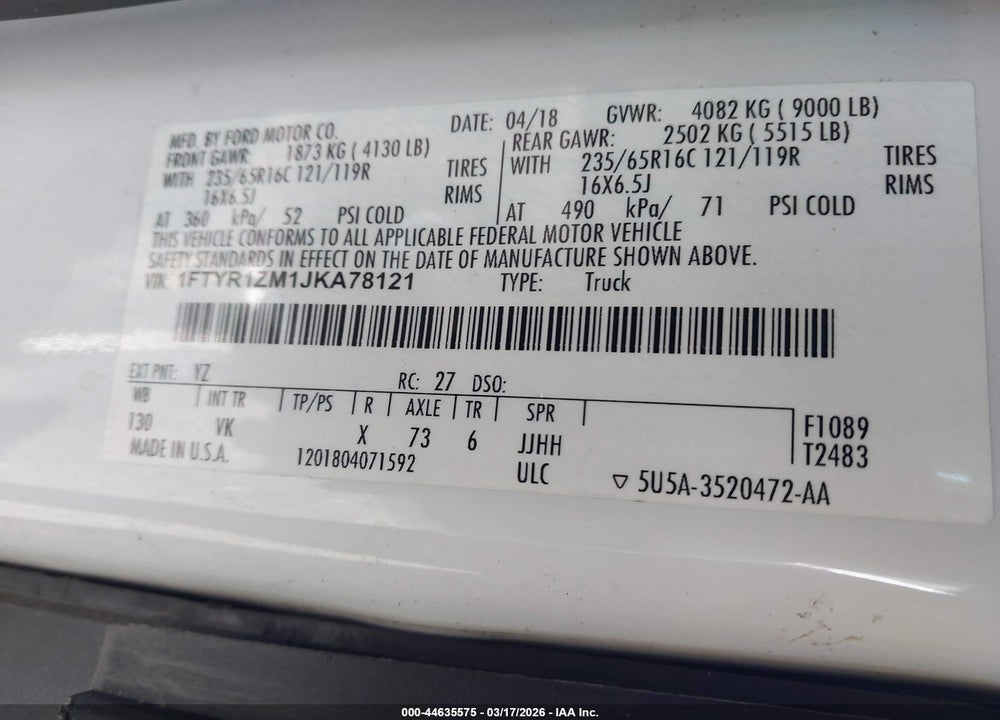 2018 FORD TRANSIT-250 VIN: 1FTYR1ZM1JKA78121