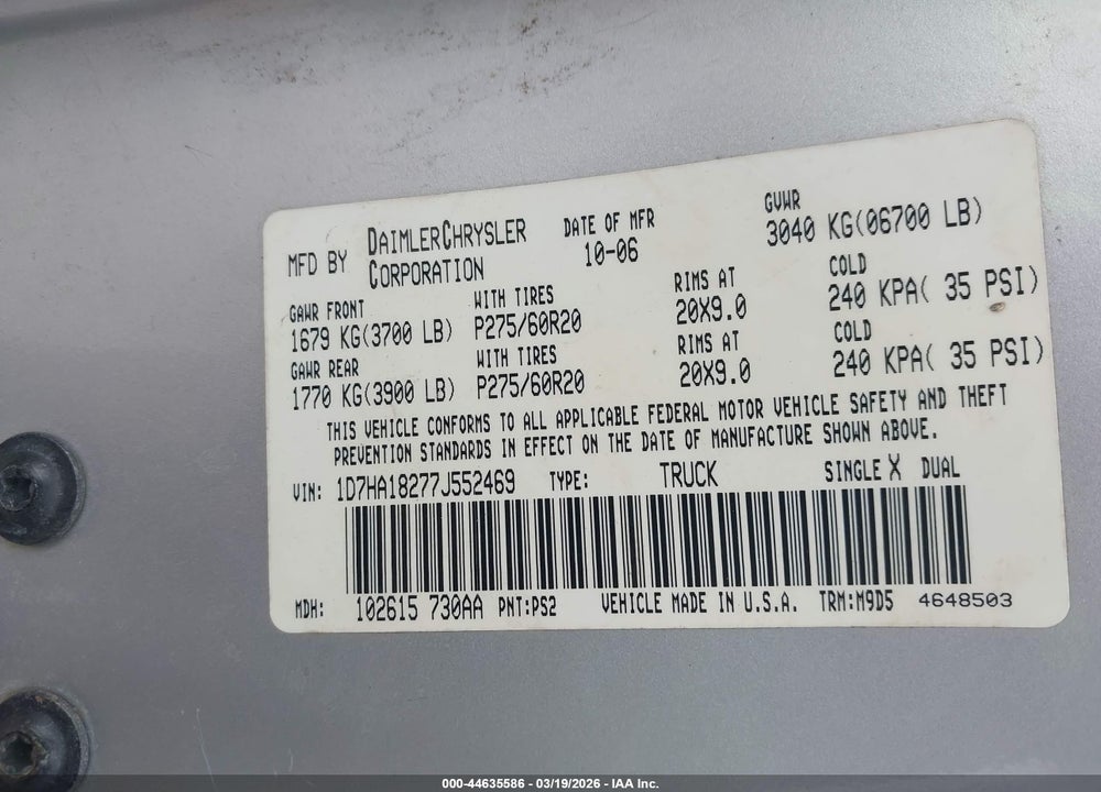 2007 DODGE RAM 1500 SLT VIN: 1D7HA18277J552469