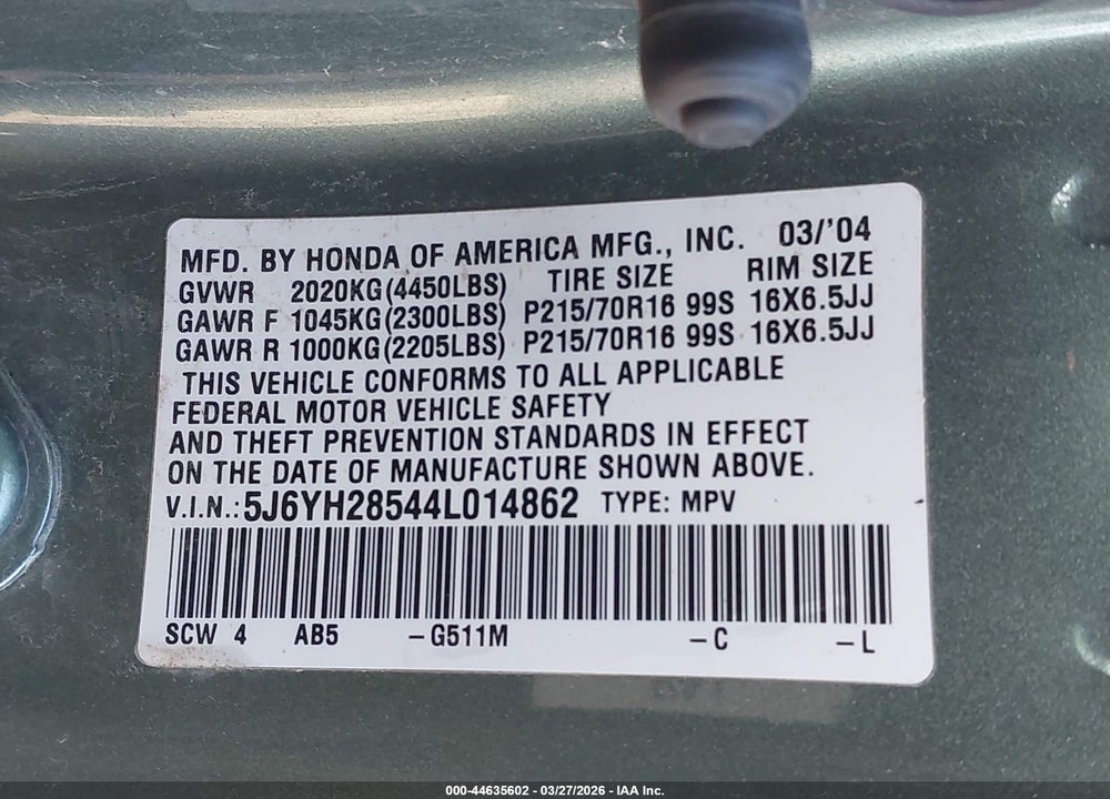 2004 HONDA ELEMENT EX VIN: 5J6YH28544L014862