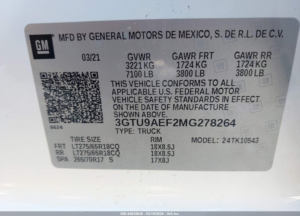 2021 GMC SIERRA 1500 4WD  SHORT BOX VIN: 3GTU9AEF2MG278264