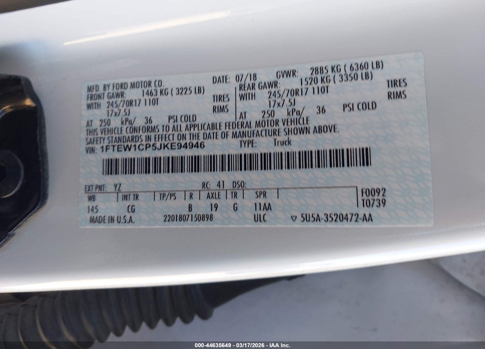 2018 FORD F-150 XL VIN: 1FTEW1CP5JKE94946
