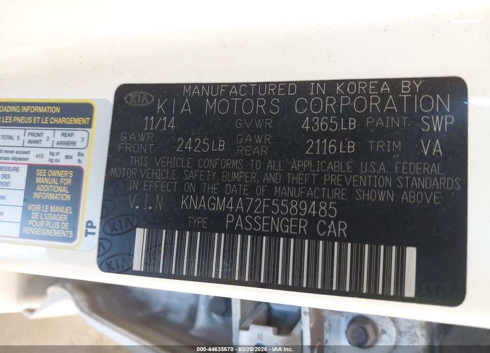 2015 KIA OPTIMA LX VIN: KNAGM4A72F5589485
