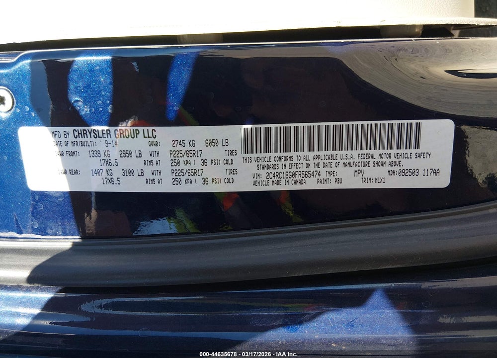2015 CHRYSLER TOWN & COUNTRY TOURING VIN: 2C4RC1BG0FR565474