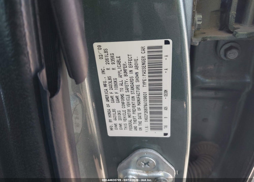 2009 HONDA ACCORD 2.4 EX-L VIN: 1HGCP26879A109601