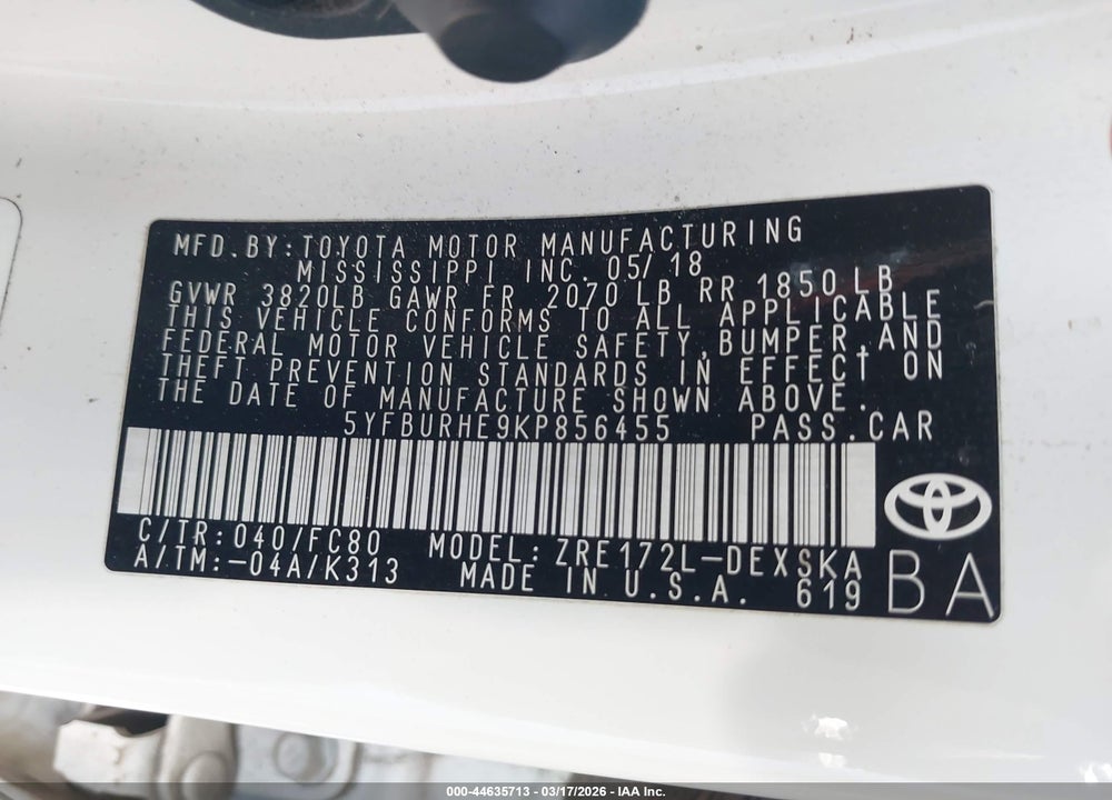 2019 TOYOTA COROLLA SE VIN: 5YFBURHE9KP856455