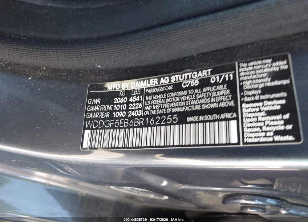 2011 MERCEDES-BENZ C 300 SPORT VIN: WDDGF5EB6BR162255