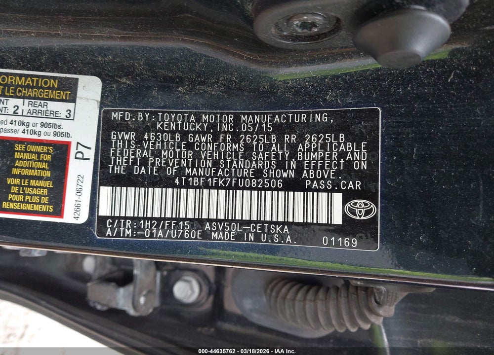 2015 TOYOTA CAMRY SE VIN: 4T1BF1FK7FU082506