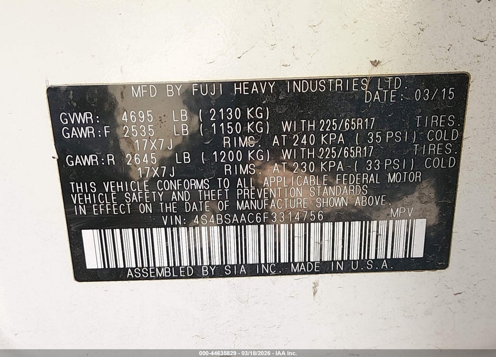 2015 SUBARU OUTBACK 2.5I VIN: 4S4BSAAC6F3314756