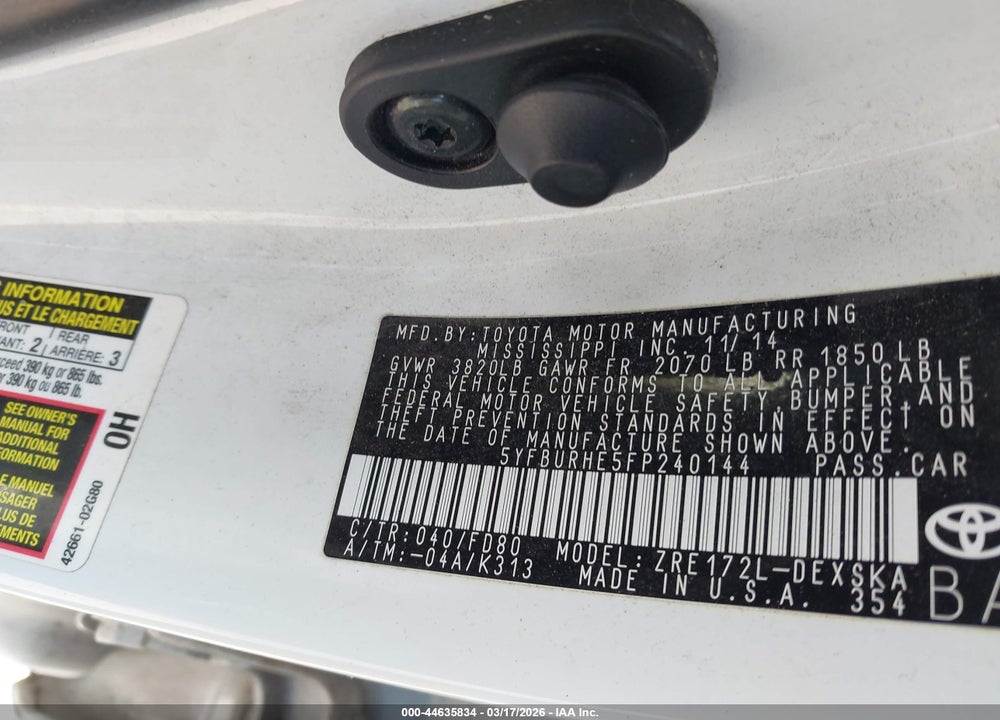 2015 TOYOTA COROLLA S PLUS VIN: 5YFBURHE5FP240144