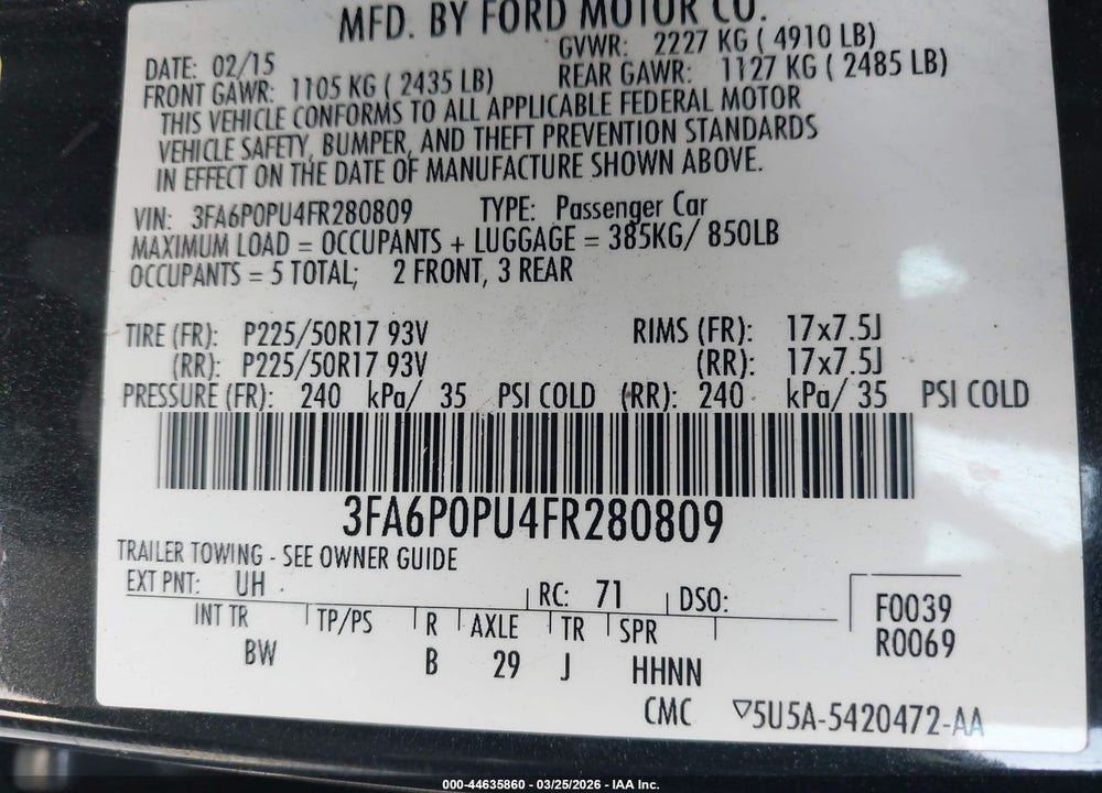 2015 FORD FUSION ENERGI SE LUXURY VIN: 3FA6P0PU4FR280809