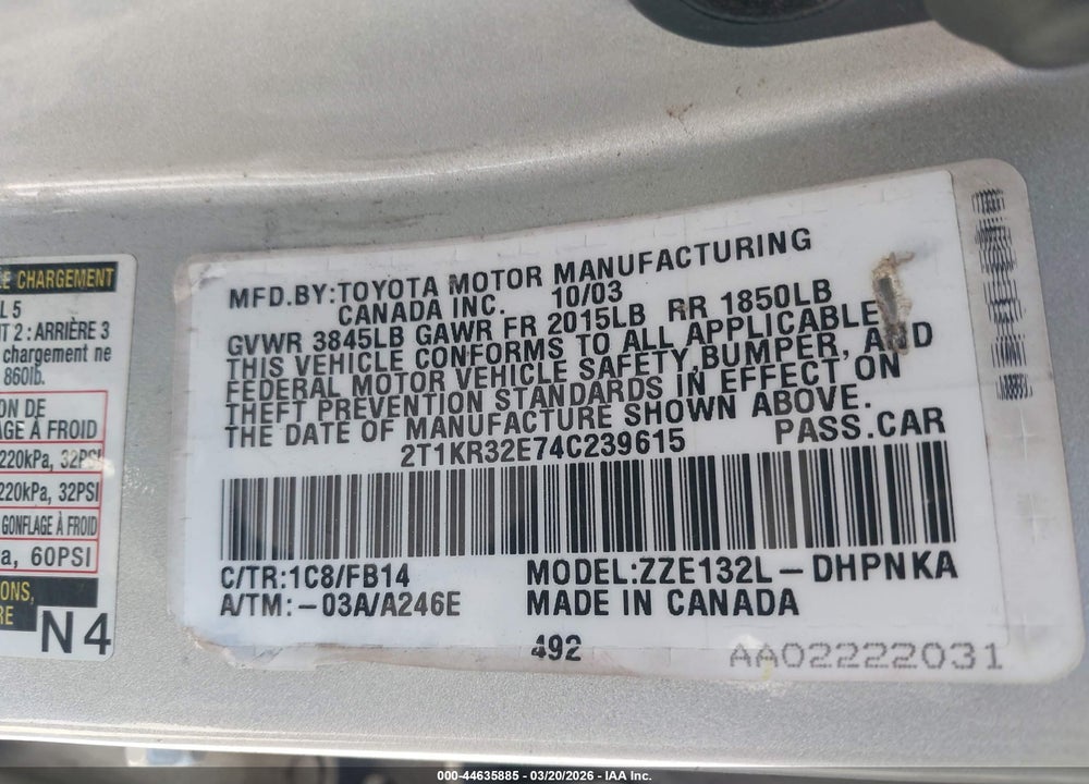 2004 TOYOTA MATRIX XR VIN: 2T1KR32E74C239615