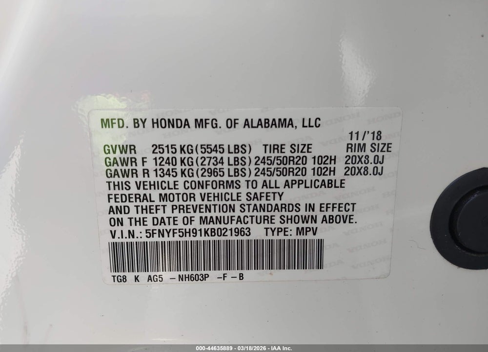2019 HONDA PILOT TOURING VIN: 5FNYF5H91KB021963