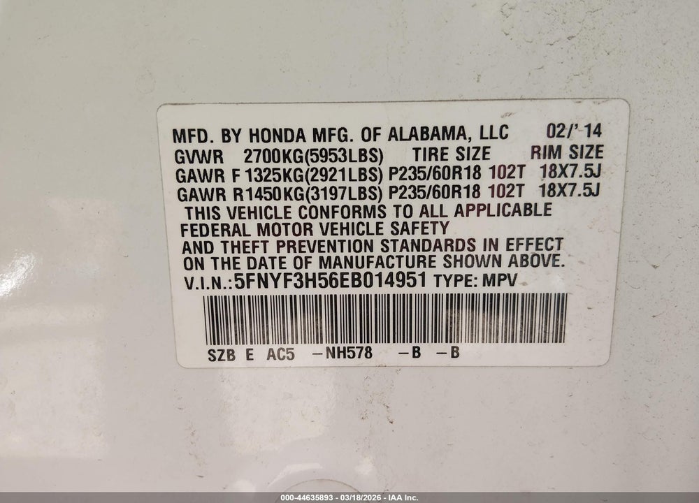 2014 HONDA PILOT EX-L VIN: 5FNYF3H56EB014951