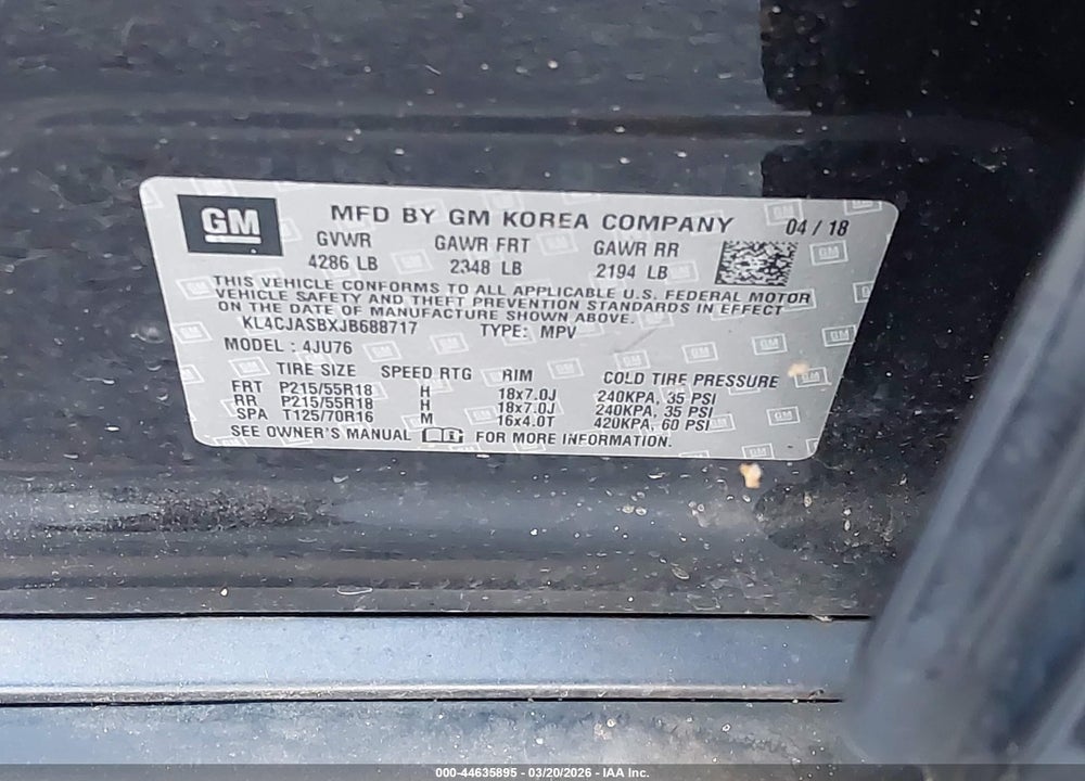 2018 BUICK ENCORE PREFERRED VIN: KL4CJASBXJB688717