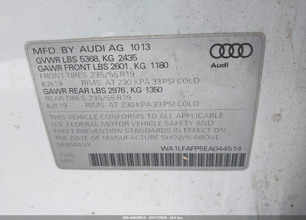 2014 AUDI Q5 2.0T PREMIUM VIN: WA1LFAFP5EA044514