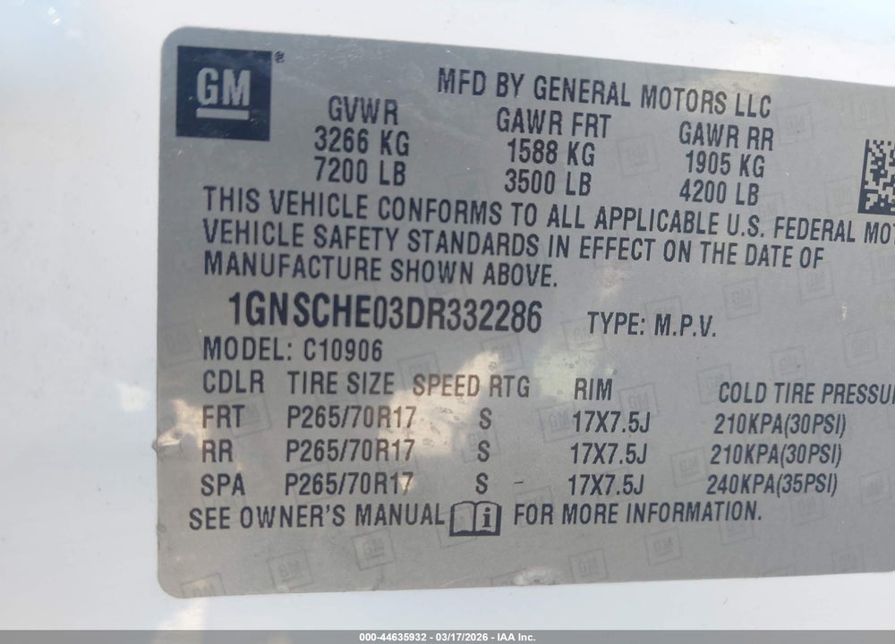 2013 CHEVROLET SUBURBAN 1500 LS VIN: 1GNSCHE03DR332286